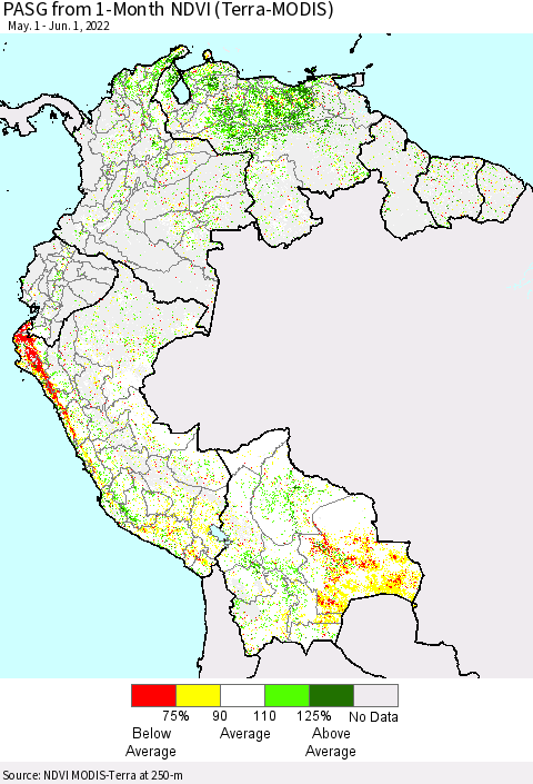 Northern South America PASG from 1-Month NDVI (Terra-MODIS) Thematic Map For 5/25/2022 - 6/1/2022