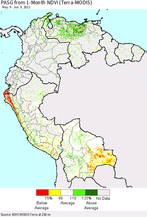 Northern South America PASG from 1-Month NDVI (Terra-MODIS) Thematic Map For 6/2/2022 - 6/9/2022
