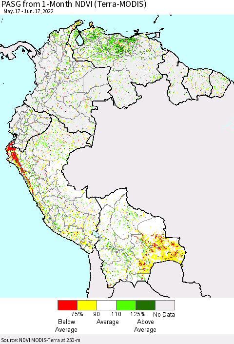 Northern South America PASG from 1-Month NDVI (Terra-MODIS) Thematic Map For 6/10/2022 - 6/17/2022