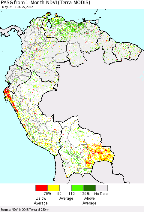Northern South America PASG from 1-Month NDVI (Terra-MODIS) Thematic Map For 6/18/2022 - 6/25/2022