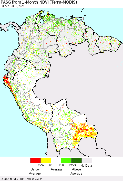 Northern South America PASG from 1-Month NDVI (Terra-MODIS) Thematic Map For 6/26/2022 - 7/3/2022
