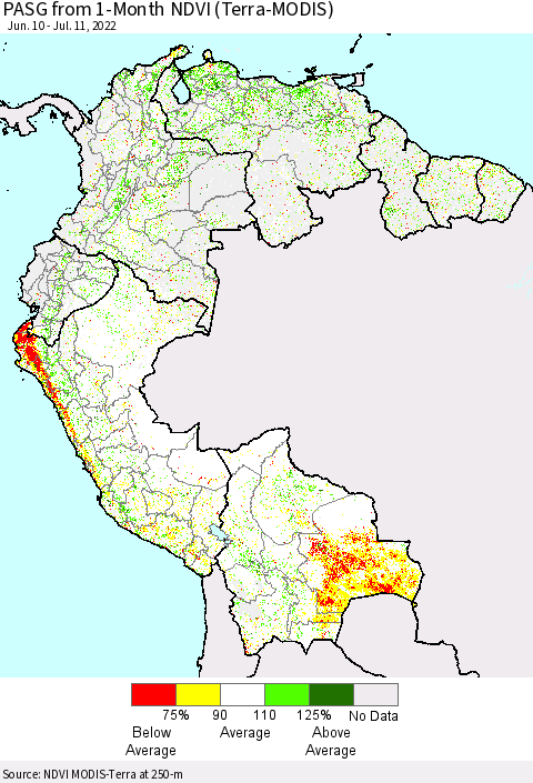 Northern South America PASG from 1-Month NDVI (Terra-MODIS) Thematic Map For 7/4/2022 - 7/11/2022