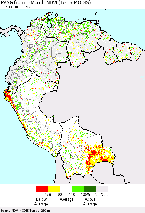 Northern South America PASG from 1-Month NDVI (Terra-MODIS) Thematic Map For 7/12/2022 - 7/19/2022
