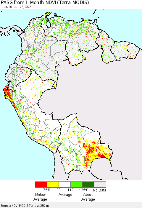 Northern South America PASG from 1-Month NDVI (Terra-MODIS) Thematic Map For 7/20/2022 - 7/27/2022