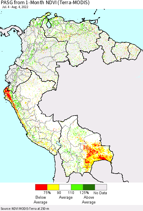 Northern South America PASG from 1-Month NDVI (Terra-MODIS) Thematic Map For 7/28/2022 - 8/4/2022