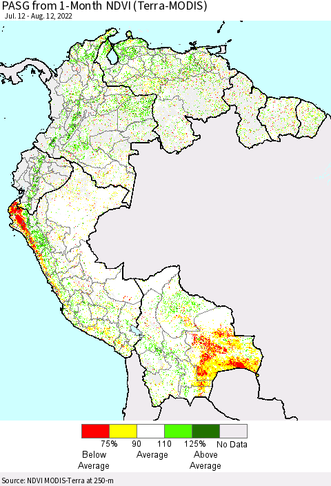 Northern South America PASG from 1-Month NDVI (Terra-MODIS) Thematic Map For 8/5/2022 - 8/12/2022