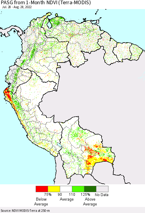 Northern South America PASG from 1-Month NDVI (Terra-MODIS) Thematic Map For 8/21/2022 - 8/28/2022