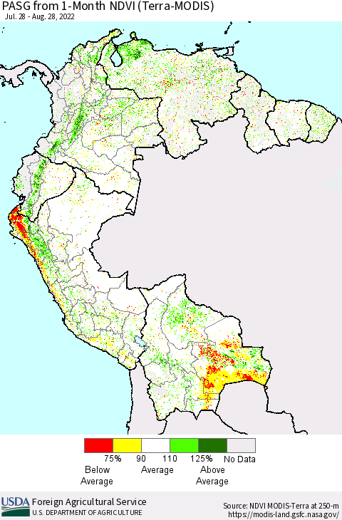 Northern South America PASG from 1-Month NDVI (Terra-MODIS) Thematic Map For 8/21/2022 - 8/31/2022