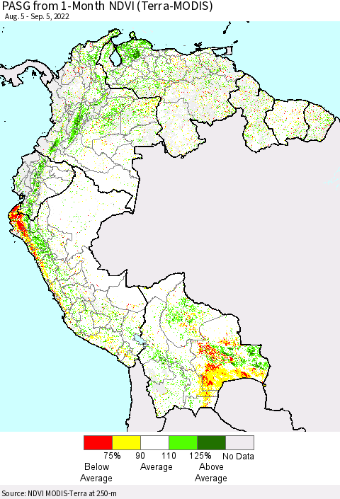 Northern South America PASG from 1-Month NDVI (Terra-MODIS) Thematic Map For 8/29/2022 - 9/5/2022