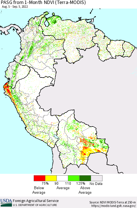 Northern South America PASG from 1-Month NDVI (Terra-MODIS) Thematic Map For 9/1/2022 - 9/10/2022