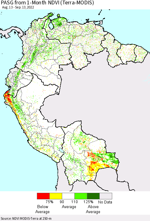 Northern South America PASG from 1-Month NDVI (Terra-MODIS) Thematic Map For 9/6/2022 - 9/13/2022