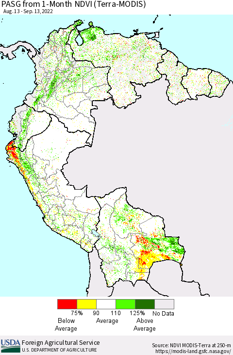 Northern South America PASG from 1-Month NDVI (Terra-MODIS) Thematic Map For 9/11/2022 - 9/20/2022