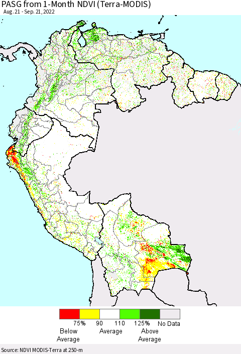 Northern South America PASG from 1-Month NDVI (Terra-MODIS) Thematic Map For 9/14/2022 - 9/21/2022
