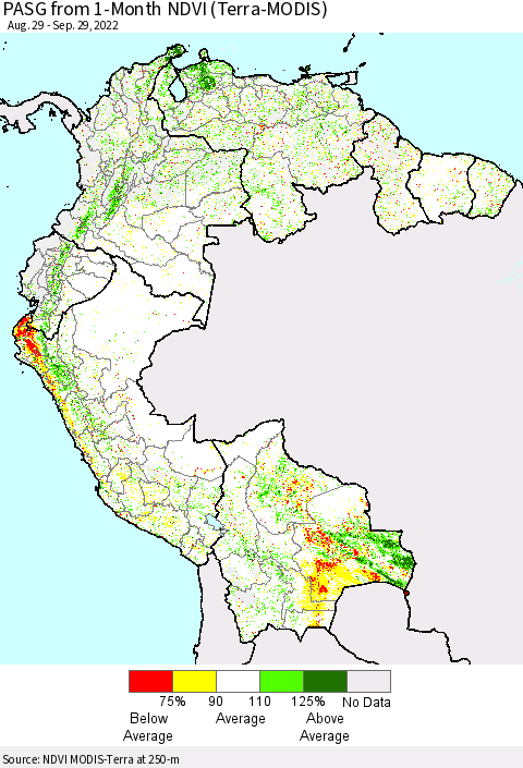Northern South America PASG from 1-Month NDVI (Terra-MODIS) Thematic Map For 9/22/2022 - 9/29/2022