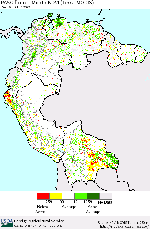 Northern South America PASG from 1-Month NDVI (Terra-MODIS) Thematic Map For 10/1/2022 - 10/10/2022