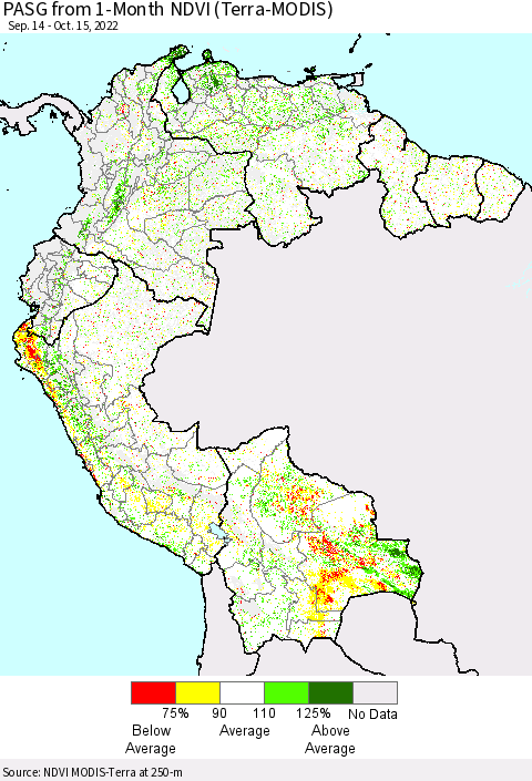 Northern South America PASG from 1-Month NDVI (Terra-MODIS) Thematic Map For 10/8/2022 - 10/15/2022