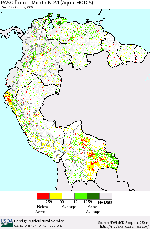 Northern South America PASG from 1-Month NDVI (Terra-MODIS) Thematic Map For 10/11/2022 - 10/20/2022