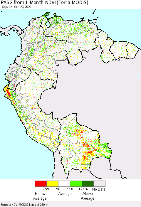 Northern South America PASG from 1-Month NDVI (Terra-MODIS) Thematic Map For 10/16/2022 - 10/23/2022