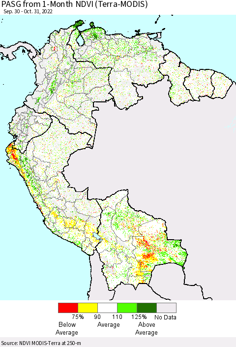 Northern South America PASG from 1-Month NDVI (Terra-MODIS) Thematic Map For 10/21/2022 - 10/31/2022