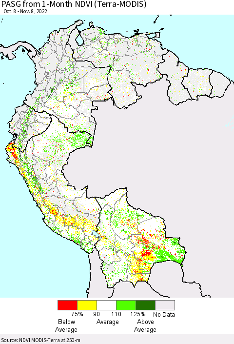 Northern South America PASG from 1-Month NDVI (Terra-MODIS) Thematic Map For 11/1/2022 - 11/8/2022