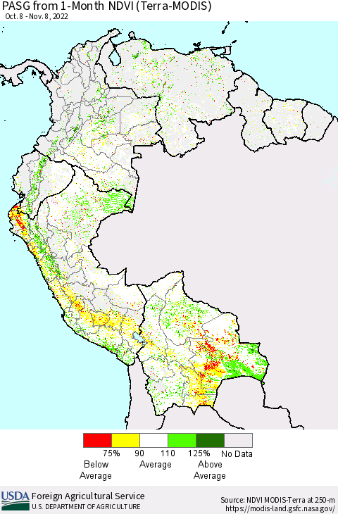 Northern South America PASG from 1-Month NDVI (Terra-MODIS) Thematic Map For 11/1/2022 - 11/10/2022