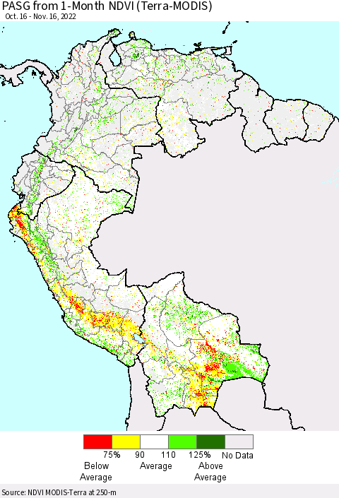 Northern South America PASG from 1-Month NDVI (Terra-MODIS) Thematic Map For 11/9/2022 - 11/16/2022
