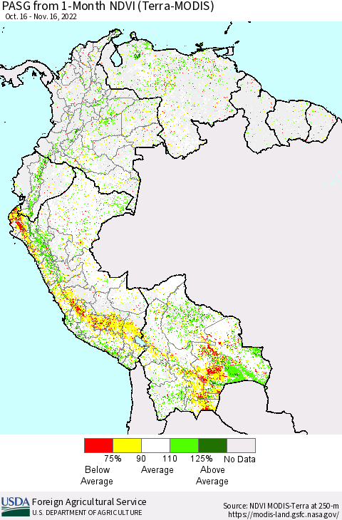 Northern South America PASG from 1-Month NDVI (Terra-MODIS) Thematic Map For 11/11/2022 - 11/20/2022