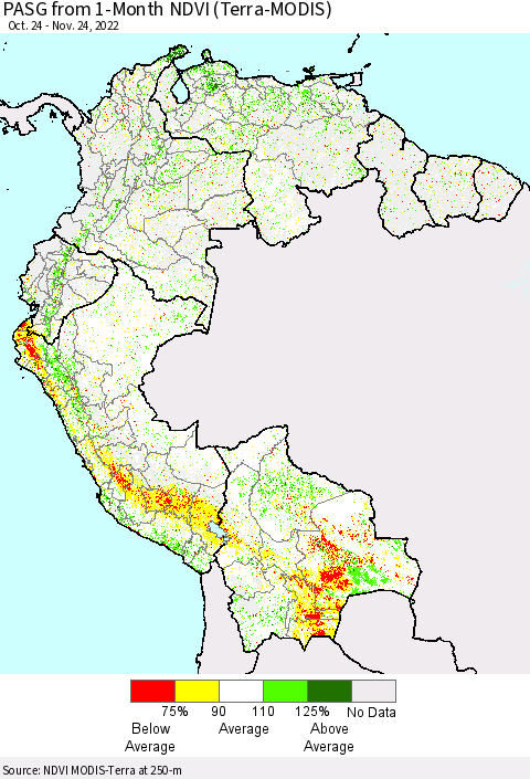 Northern South America PASG from 1-Month NDVI (Terra-MODIS) Thematic Map For 11/17/2022 - 11/24/2022