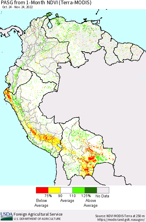Northern South America PASG from 1-Month NDVI (Terra-MODIS) Thematic Map For 11/21/2022 - 11/30/2022