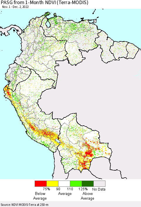 Northern South America PASG from 1-Month NDVI (Terra-MODIS) Thematic Map For 11/25/2022 - 12/2/2022