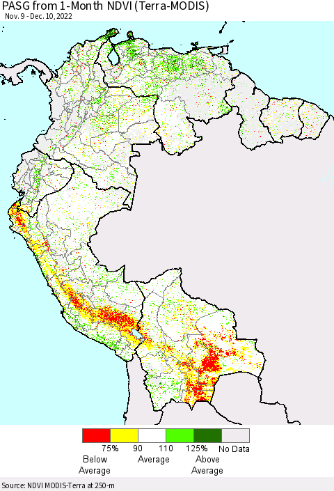 Northern South America PASG from 1-Month NDVI (Terra-MODIS) Thematic Map For 12/1/2022 - 12/10/2022
