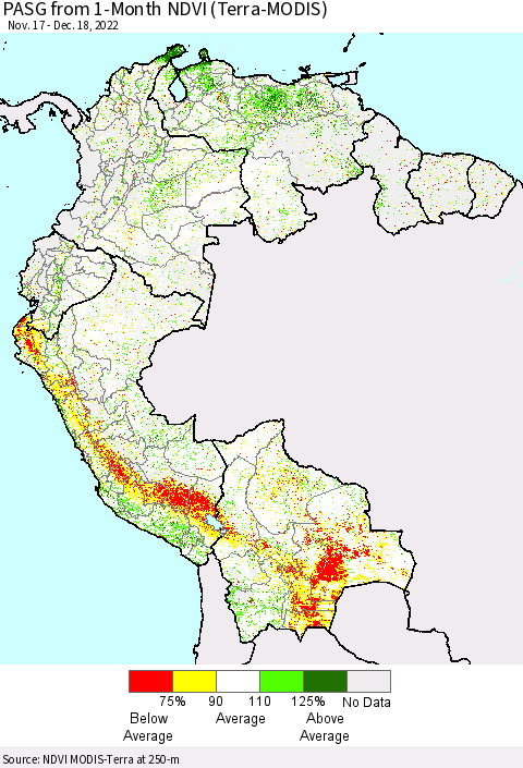 Northern South America PASG from 1-Month NDVI (Terra-MODIS) Thematic Map For 12/11/2022 - 12/18/2022