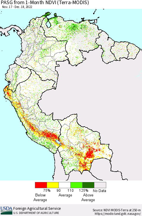 Northern South America PASG from 1-Month NDVI (Terra-MODIS) Thematic Map For 12/11/2022 - 12/20/2022