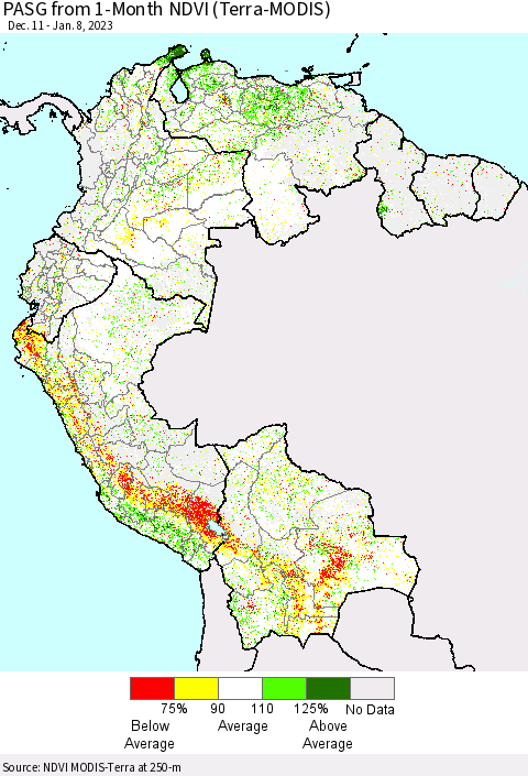 Northern South America PASG from 1-Month NDVI (Terra-MODIS) Thematic Map For 1/1/2023 - 1/8/2023