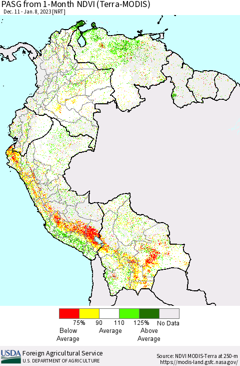 Northern South America PASG from 1-Month NDVI (Terra-MODIS) Thematic Map For 1/1/2023 - 1/10/2023