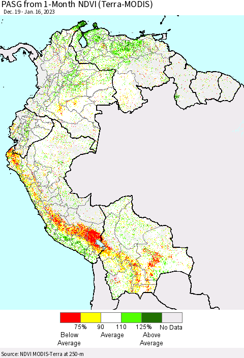 Northern South America PASG from 1-Month NDVI (Terra-MODIS) Thematic Map For 1/9/2023 - 1/16/2023