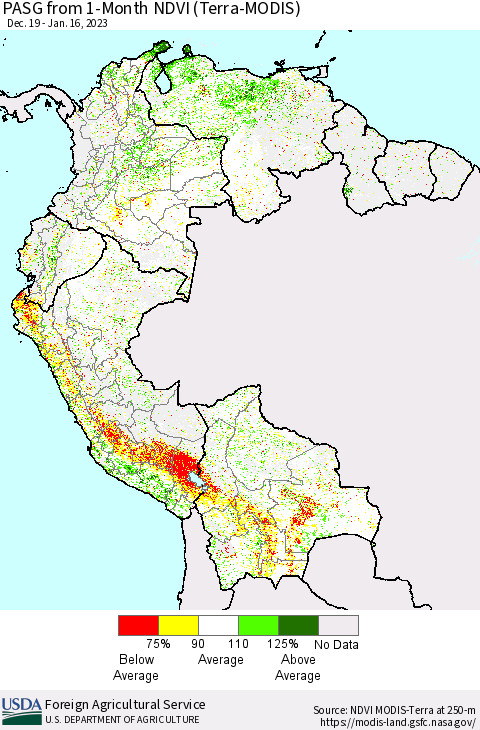 Northern South America PASG from 1-Month NDVI (Terra-MODIS) Thematic Map For 1/11/2023 - 1/20/2023