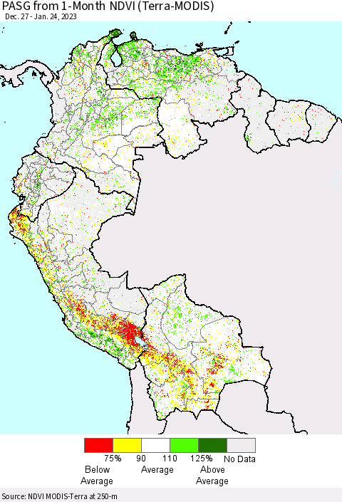 Northern South America PASG from 1-Month NDVI (Terra-MODIS) Thematic Map For 1/17/2023 - 1/24/2023