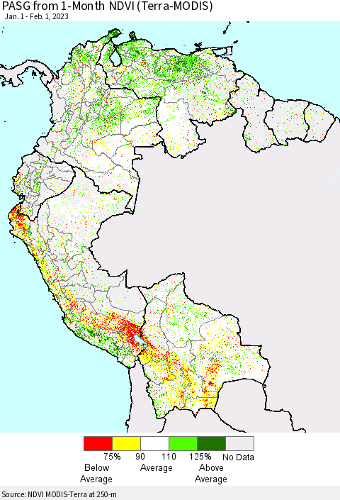 Northern South America PASG from 1-Month NDVI (Terra-MODIS) Thematic Map For 1/25/2023 - 2/1/2023