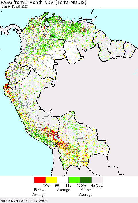 Northern South America PASG from 1-Month NDVI (Terra-MODIS) Thematic Map For 2/2/2023 - 2/9/2023