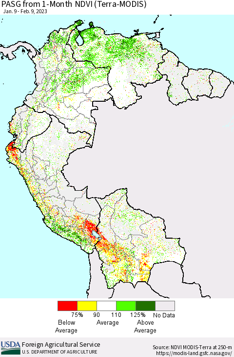 Northern South America PASG from 1-Month NDVI (Terra-MODIS) Thematic Map For 2/1/2023 - 2/10/2023