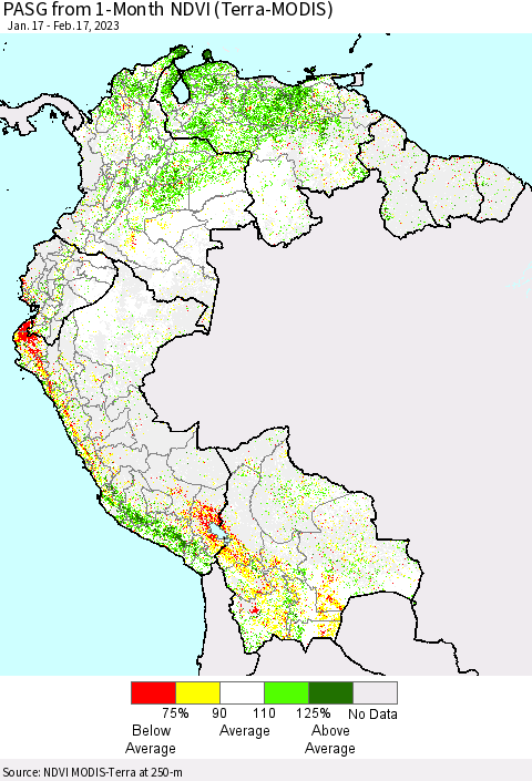 Northern South America PASG from 1-Month NDVI (Terra-MODIS) Thematic Map For 2/10/2023 - 2/17/2023