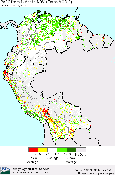 Northern South America PASG from 1-Month NDVI (Terra-MODIS) Thematic Map For 2/11/2023 - 2/20/2023
