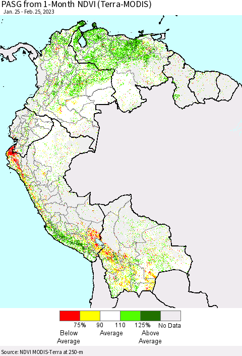 Northern South America PASG from 1-Month NDVI (Terra-MODIS) Thematic Map For 2/18/2023 - 2/25/2023