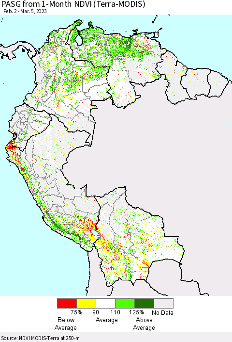 Northern South America PASG from 1-Month NDVI (Terra-MODIS) Thematic Map For 2/26/2023 - 3/5/2023