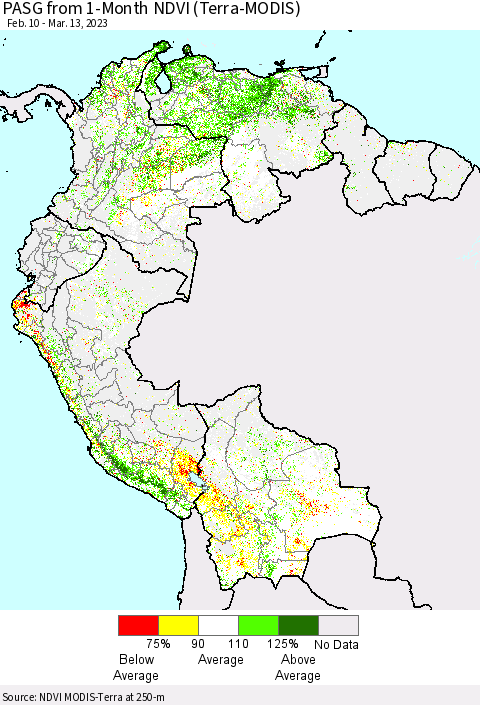 Northern South America PASG from 1-Month NDVI (Terra-MODIS) Thematic Map For 3/6/2023 - 3/13/2023