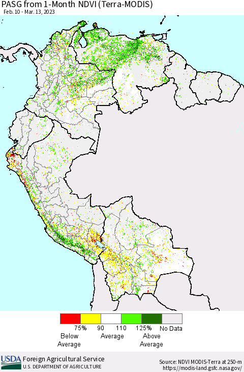 Northern South America PASG from 1-Month NDVI (Terra-MODIS) Thematic Map For 3/11/2023 - 3/20/2023