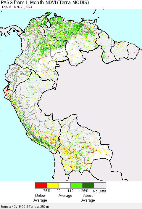 Northern South America PASG from 1-Month NDVI (Terra-MODIS) Thematic Map For 3/14/2023 - 3/21/2023