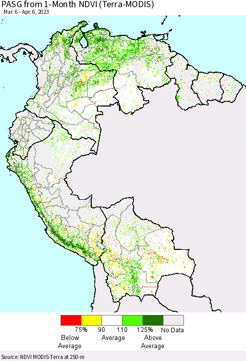 Northern South America PASG from 1-Month NDVI (Terra-MODIS) Thematic Map For 3/30/2023 - 4/6/2023