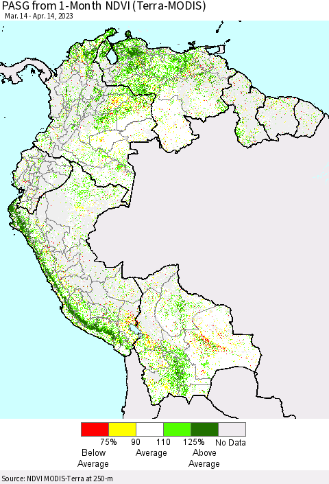 Northern South America PASG from 1-Month NDVI (Terra-MODIS) Thematic Map For 4/7/2023 - 4/14/2023